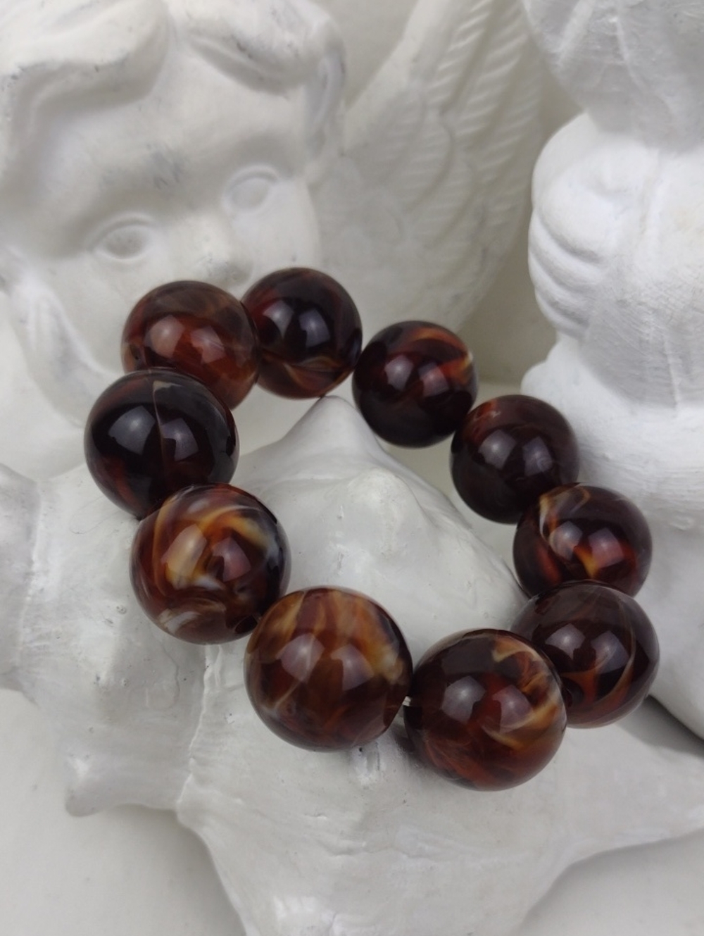 Chunky Marbled Classic Brown Polished Bead Stretch Bracelet - Picture 7 of 8